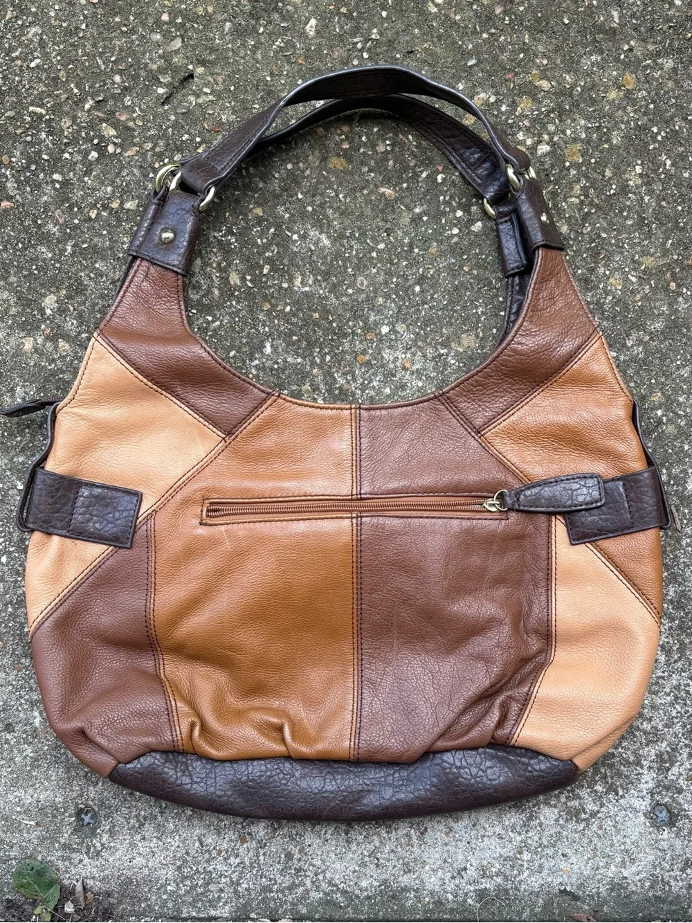 Vtg Etienne Aigner Hobo Brown Leather Colorblock Patchwork Bag Buckle Accent